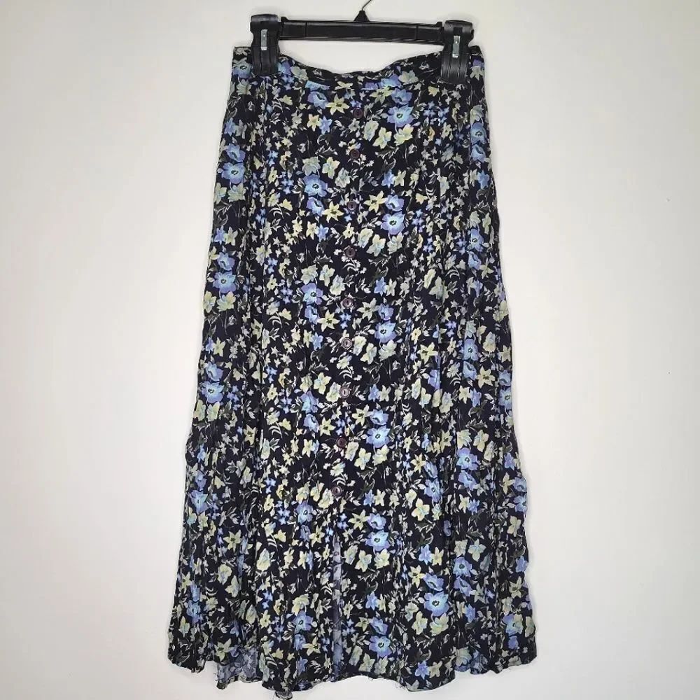 Vintage Ship'n Shore Floral Blue A-line Midi Skirt Buttons M